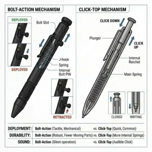 A side-by-side infographic comparing the operation of a bolt-action EDC pen versus a traditional click-top mechanism.