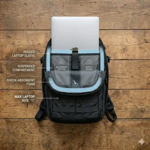 A padded laptop compartment inside an edc backpack protecting a 15-inch laptop.