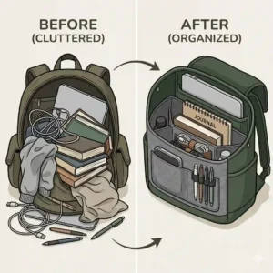 An illustration of a backpack organizer specialized for tech, featuring dedicated slots for cables, power banks, and tablets.