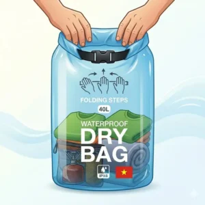 Step-by-step diagram on how to properly fold the roll-top closure of a 40l dry bag.