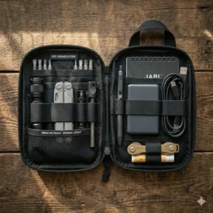 Close up view of the interior elastic loops and zippered pockets of an edc pouch holding small tools and cables securely.