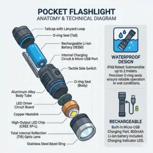 A technical diagram showing the internal components and LED chip of a pocket flashlight.
