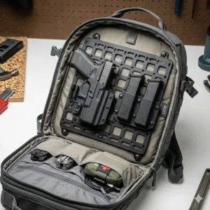 Inside a black concealed carry backpack featuring a rigid insert panel holding a holster and spare magazine pouches.