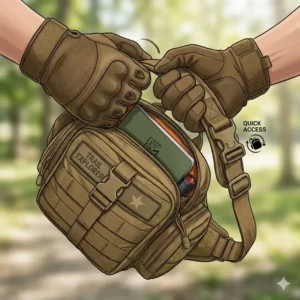 A visualization demonstrating how easily a tactical sling bag swings around for rapid quick-access to contents.