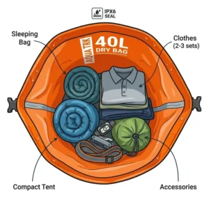 A top-down view illustration of the open orange 40 liter dry bag, revealing its internal storage capacity.