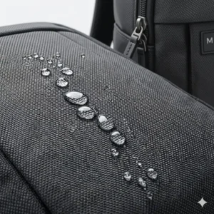 A durable macbook pro backpack with a water-resistant coating, showing water droplets beading off the surface.