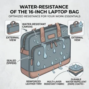 Close-up illustration demonstrating the water-resistant fabric coating used on high-quality 16 inch laptop bags.
