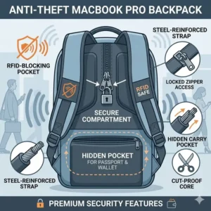 A secure macbook pro backpack with hidden zippers and RFID-blocking pockets for travel safety.