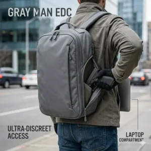 A commuter walking in the city wearing a sleek everyday look concealed carry backpack that lacks obvious tactical webbing.