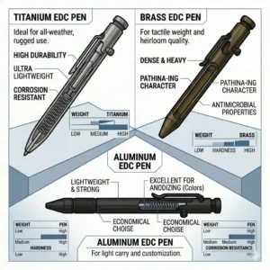 A visual comparison of common everyday carry pen materials, highlighting the weight and durability of titanium, brass, and aluminum.
