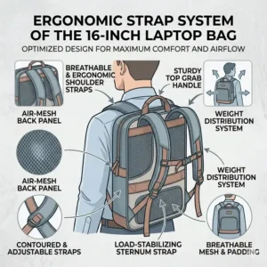 Infographic highlighting the ergonomic shoulder straps and breathable back panel of 16 inch laptop bags.