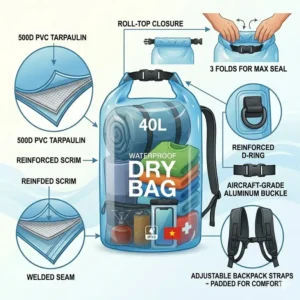 Technical breakdown of the heavy-duty waterproof fabric used for the 40l dry bag.