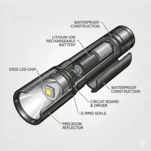 An illustration explaining the beam distance and light patterns of a powerful pocket flashlight.