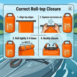 A detailed four-step diagram illustrating the correct roll-top closure for the 40 liter dry bag.