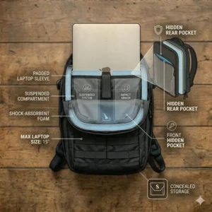 Close-up of a concealed carry pocket on the back panel of a tactical edc backpack.