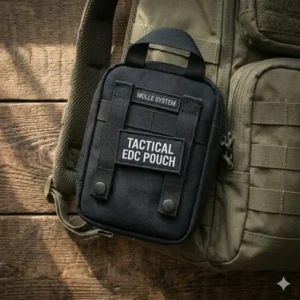 A durable cordura tactical edc pouch attached to the side of a military style backpack using the MOLLE webbing system.