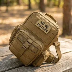 A close-up of the front of a tactical sling bag highlighting the rows of sturdy MOLLE webbing for attaching accessories.