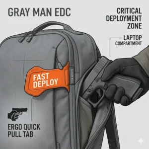 Close-up of large hot-pull tabs on a concealed carry backpack designed for rapid access to the weapon pocket.