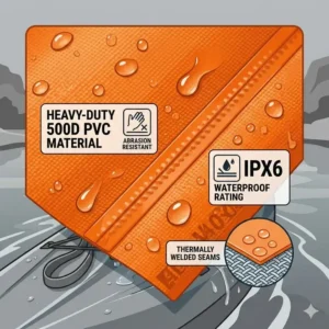 A close-up illustration of the heavy-duty PVC material on the orange 40 liter dry bag.