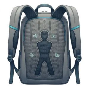 Ergonomic padded shoulder straps and mesh back panel on a professional macbook pro backpack.