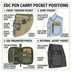 An illustration of different carry options for an EDC pen, showing it clipped to a jeans pocket and a shirt collar.