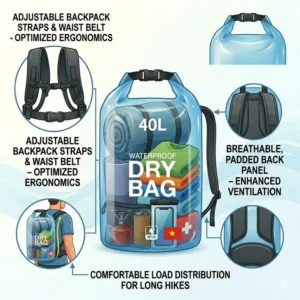 Detailed view of the padded and adjustable backpack straps on a 40l dry bag.
