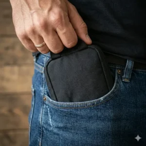 A man sliding a slim, compact edc pouch into the front pocket of his jeans.
