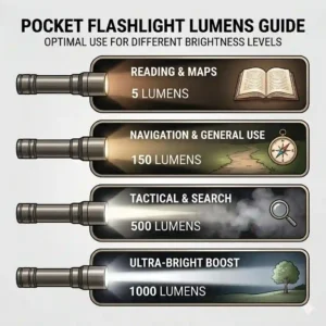 An infographic showing different brightness levels and lumen settings of a pocket flashlight.