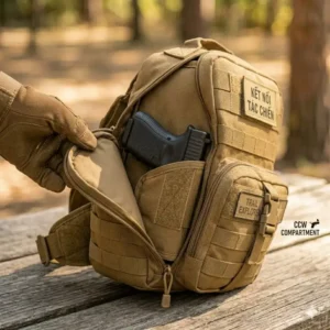An opening to the dedicated rear CCW pocket designed into the tactical sling bag for a concealed carry holster.