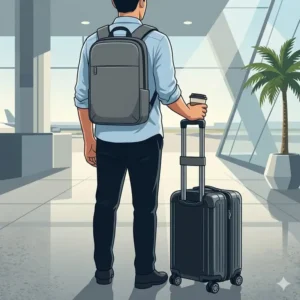A minimal laptop backpack secured to a suitcase handle at an airport.