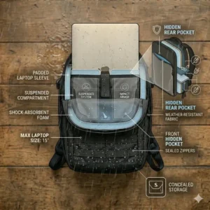 Raindrops water-beading on the durable, weatherproof fabric of a commuter edc backpack.