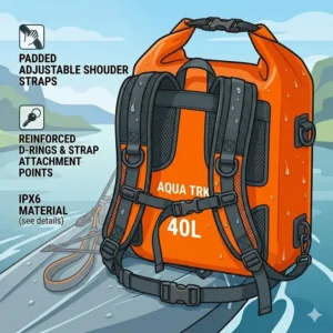 A detailed back view illustration of the orange 40 liter dry bag, highlighting the padded straps.