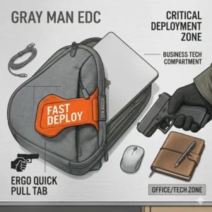 An open concealed carry backpack showing a dedicated 15-inch laptop sleeve next to daily office essentials.