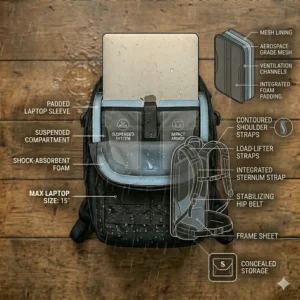 Diagram of the breathable padded back panel and ergonomic shoulder straps on a comfortable edc backpack.