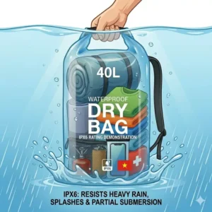 Graphic demonstration of the IPX6 waterproof protection offered by the 40l dry bag.