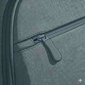 Close-up detail of the water-resistant fabric and zipper on a minimal laptop backpack.