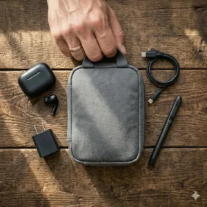A minimalist grey canvas edc pouch containing everyday tech essentials like wireless earbuds, a charger brick, and a sleek pen.