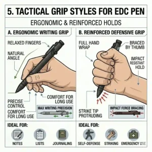 A technical diagram demonstrating the proper tactical grip for a self-defense EDC pen versus a standard writing grip.
