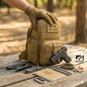 An Everyday Carry (EDC) flat lay setup featuring a tactical sling bag surrounded by a smartphone, wallet, and multi-tool.