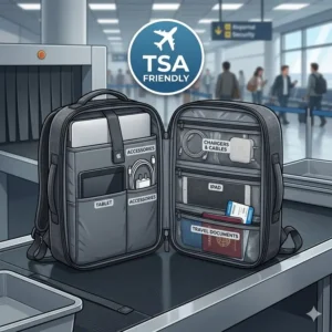 A TSA-friendly macbook pro backpack laid flat for quick airport security screening.