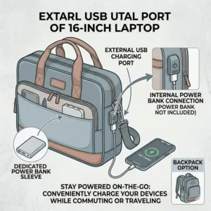 Technical drawing of the integrated USB charging port and power bank sleeve in 16 inch laptop bags.
