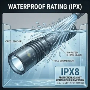 A pocket flashlight submerged in water to demonstrate its IPX8 waterproof durability.