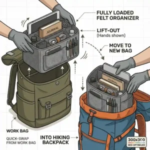 Illustration highlighting the hidden zippered security pockets inside a backpack organizer for passports and wallets.