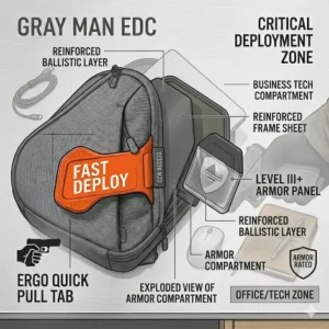 Diagram showing a ballistic armor plate being inserted into the rear compartment of a protective concealed carry backpack.