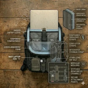 External MOLLE webbing loops and utility straps on a rugged edc backpack for modular attachments.