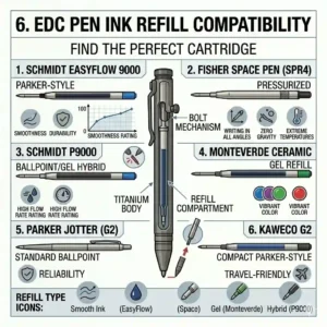 A size comparison chart showing various ink refills that are compatible with the everyday carry pen.