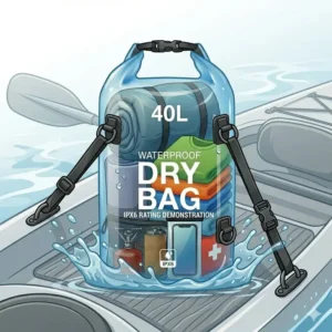 Close-up of the reinforced D-ring attachment points on a professional 40l dry bag.