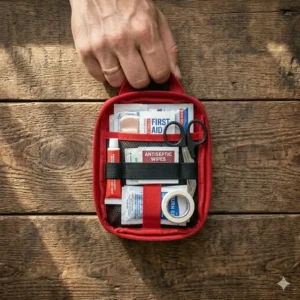A red edc pouch configured as an individual first aid kit IFAK with bandages, antiseptic wipes, and medical shears.