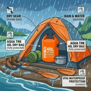 A rainy camp scene illustration showing the 40 liter dry bag providing gear protection inside a tent.