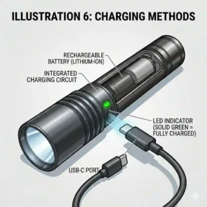 An illustration showing a modern pocket flashlight being charged via a built-in USB-C port.